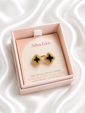 Adina Eden Gold Plated Ring with Black Clover Inlay and CZ Halo